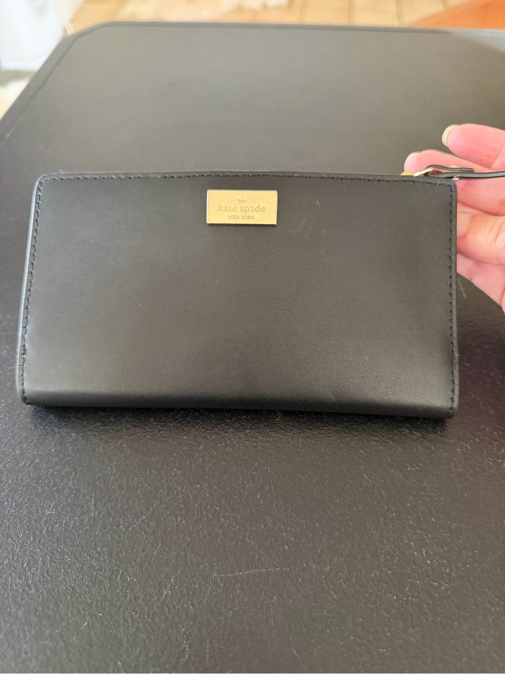 kate spade Black Leather Zip Wristlet with Gold Plate